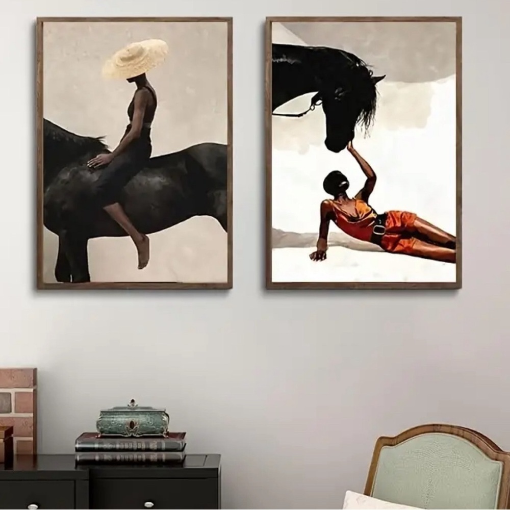 Stunning African American woman 2 pcs Elegant Equestrian Canvas unframed New